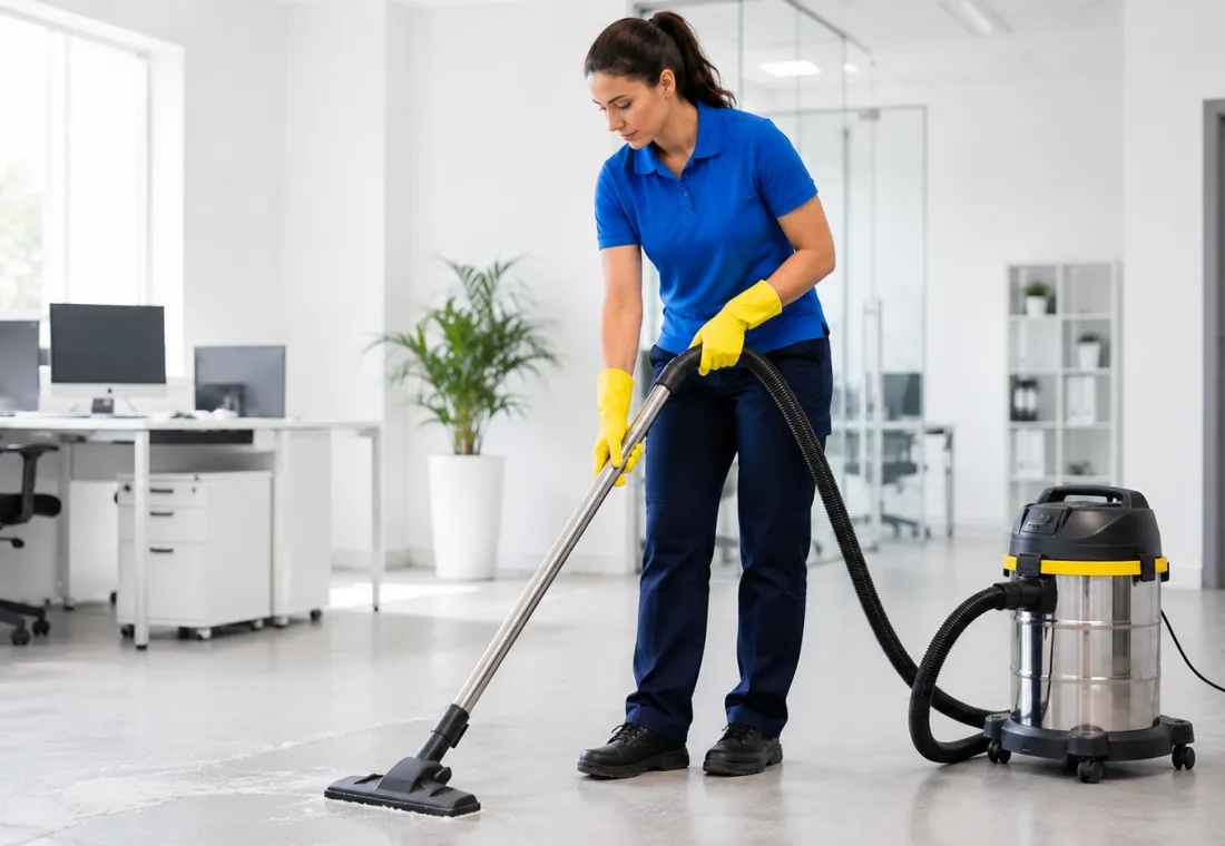 Cleaner maintaining a bright active office workspace.