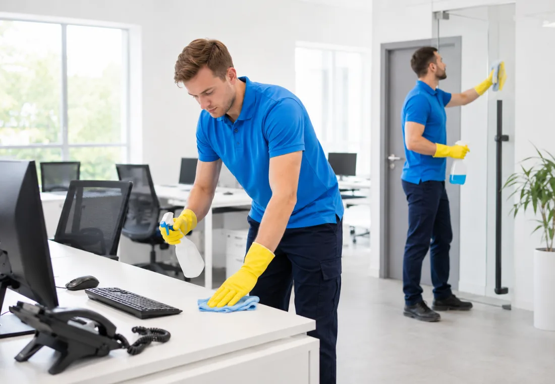 Cleaner wiping desks and computer screens inside a bright office.