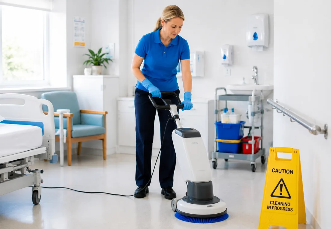 Cleaner working inside a medical or care setting.