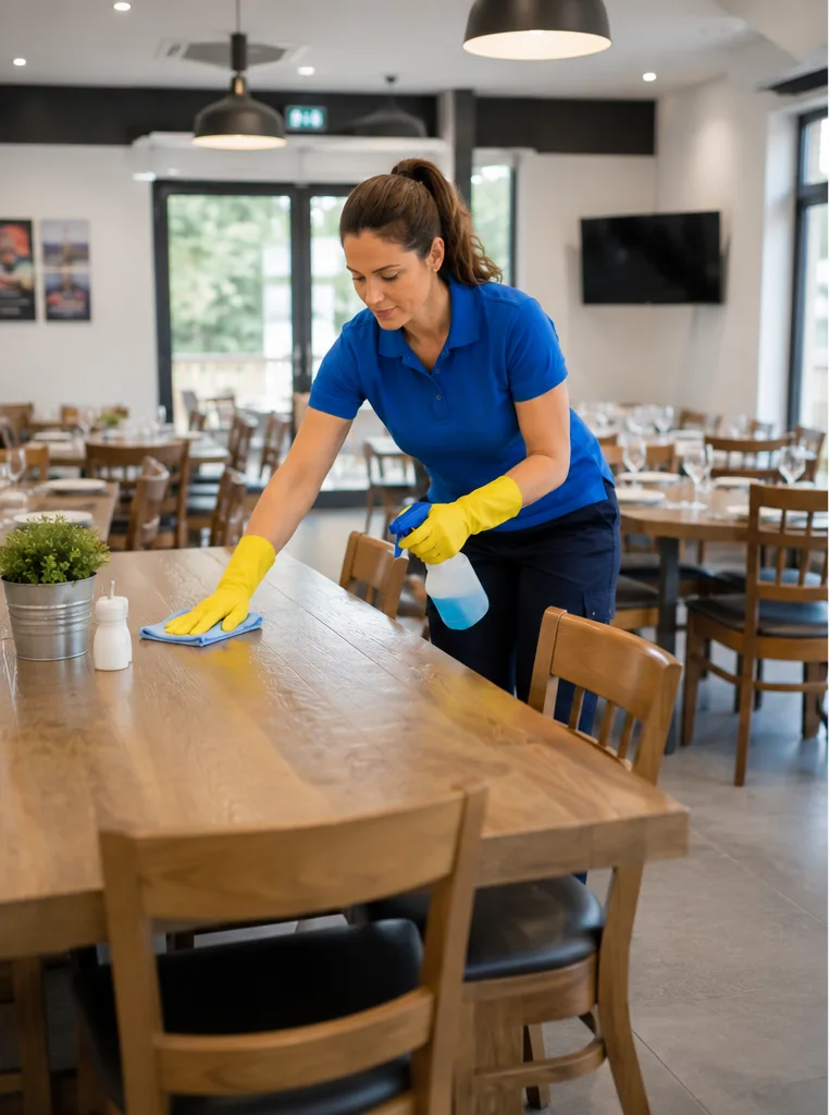 Cleaner detailing a kitchen inside self-catering guest accommodation.