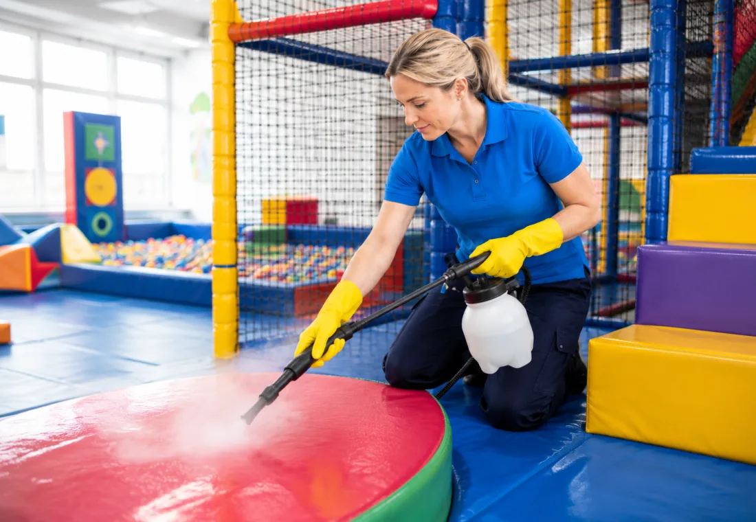Cleaner sanitising equipment inside a colourful soft play centre.